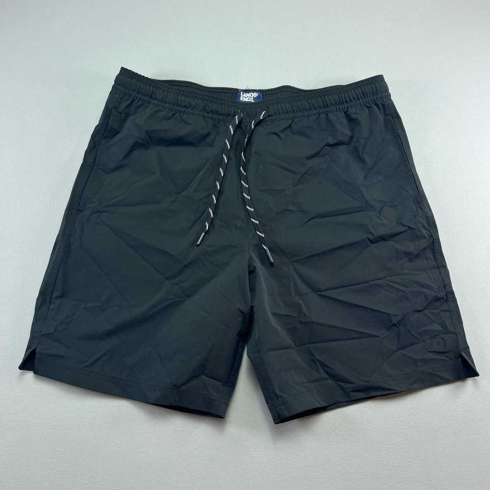 Lands' End Swim Shorts Mens L Black UPF 50 Surfing Diving Beach Wear Drawstring